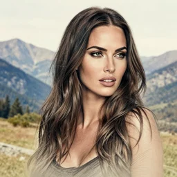 double exposure tattoo sketch of megan fox with beautiful mountain scenery, hyper - realistic, in the style of den yakovelev, amazing detail, sharp