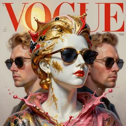 3 d marble statue of fancy queen's head in sunglasses, multiple splashes of golden and red and black paint, liquid white and pink metal, sun, vogue cover style, poster art, high detail, intricate oil painting, multiple exposure, stanley kubrick mood, hyperrealism, 3 d, by tooth wu and wlop and beeple and greg rutkowski
