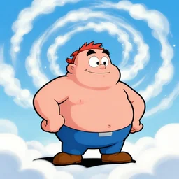 chubby cartoon concept art, spiral clouds sky, from sam and max