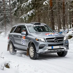 a 2 0 0 9 mercedes - benz ml 6 3 amg, racing through a rally stage in a snowy forest