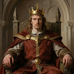 attractive bradley james as king arthur pendragon, sat in his throne, big arches in the back, very detailed face, natural lighting, path traced, highly detailed, high quality, digital painting, by gaston bussiere, craig mullins, j. c. leyendecker