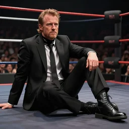 Paul Keyman wearing a black suit and necktie and black shoes sitting on the floor of a wrestling ring highly detailed 8k