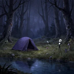 a tent by the river in the deep, remote woods by chris leib, from nightmare before christmas | detailed | elegant | trending on artstation