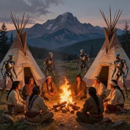 a group of some native americans and their cyborgs sitting together at a fire in front of some tipis, beatiful mountain background, cyberpunk, by albert bierstadt, by greg rutkowski, highly detailed, warm lightning, digital painting