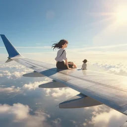 surreal photorealistic scene of a girl sitting on the wing of a flying airplane, side view, wide shot, very windy, sunny morning light, 4 k, hyperrealism, hdr, volumetric lighting, cinematic composition, artstation, digital anime photo concept illustrated by noriyoshi ohrai and magali villeneuve and john william waterhouse