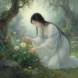 ancient fantasy garden, beautiful woman caring for the flowers, natural pose, fantasy world, ethereal back light, mist, coherent composition, detailed fantasy painting, noriyoshi ohrai, yuumei