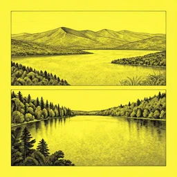 by milo manara improvisational, meticulous cool yellow. the computer art of two lakes in connecticut, with mountains in the distance.