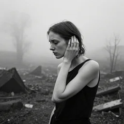 award winning photo of some despair as wolfgang tillmans would depict it, she is 2 3, skinny and beautiful and listens to oathbreaker, she is deaf but still hears, photo, black and white, the background is devastated by pollution, insanely detailed, once she dreamt of erasing gravity, foggy like in norwegian black metal aesthetic