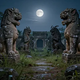 a photograph of an overgrown archeological site with statues of mythical beasts, scary creatures, sharp focus, cinematic, moonlight, detailed, 4 k, octane render, deviantart,