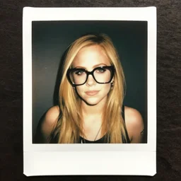 Polaroid photo of Avril Lavigne with big nerdy glasses, 4k