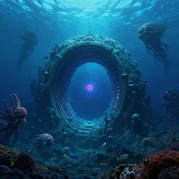 intergalactic stargate portal in the middle of a deep ocean, with strange sea creatures swimming around it and a school of fish in the foreground, style of cosmic horror