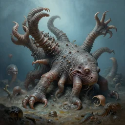 airbrushed historically accurate cambrian explosion animalcules by alex ross, fine art masterpiece baked at 3 0 0 f, matte painting, cold lighting, high fantasy horror, award winning horror, photorealistic render, cinematic