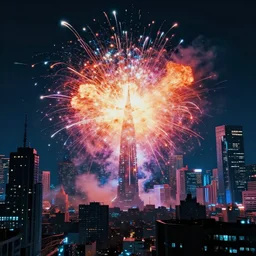 an explosion in a glowing neon cyberpunk city at night , cinematic atmosphere, establishing shot