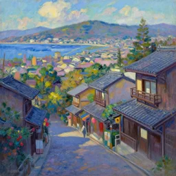 a beautiful japanese city near the sea, ryokans and edo era houses, cyberpunk, lofi vibe, colorful, oil painting in impressionist style, by monet, by makoto shinkai, multiple brush strokes, inspired by ghibli, masterpiece
