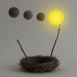 almost abstract. it has both recognizable elements of nature and non - representational shapes. there's a nest - like object at the bottom, and two stick like objects. they extend up to a series of spherical shapes, one of them emitting a yellow light.