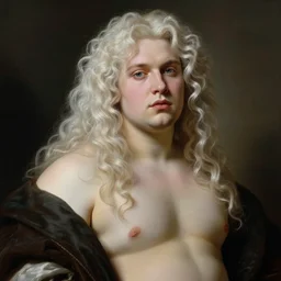 portrait of a young androgynous johan liebert mixed with Dante with long curly platinum blond hair by peter Paul rubens, big beefy chunky fat build, very very very very pale white skin platinum blond hair