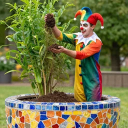 a jester scoops up a handful of soil and throws it in a giant mosaic plant pot.