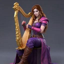 Full body Portrait of a beautiful young bard lady, playing an onrnamental Golden lyre, light borwn hair, White skin, dark Blue eyes, purple and pink leather garments, leather boots, fingerless gloves, extremely detailed face, high fantasy, magic music, dungeons and dragons, blizzard entertainment, industrial light and magic, pixar, matte painting, no extra limbs, trending on Artstation, artstationHD, artstationHQ, octane, cgsociety, HD, 16K