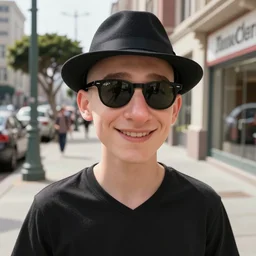 pixar sci - fi movie still close - up portrait photo of bald white young man wearing a black v - neck shirt, black ray - bans, and a black fedora, large nose : : on sidewalk in sf, smiling, facing the camera : : by greg rutkowski, wlop, rossdraws, artgerm, weta, marvel, unreal engine, bright morning, gq magazine cover, : :