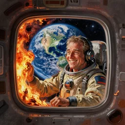 a picture of a smiling subgenius in a space ship watching the earth burn out the window, a detailed matte painting by mort kunstler, pixiv, kitsch movement, hellish background, movie poster, official art