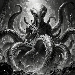 giant ancient alien tentacles artwork by yoshitaka amano, black and white, detailed background, extremely detailed, octane rendering, sharp focus, volumetric light, particles, unreal engine 5, rtx