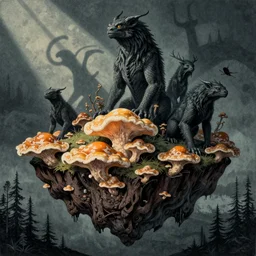 ancient creatures, by gediminas pranckevicius, by james gilleard, dark shadows, woodblock, split - complementary - colors, polished, tremella - mesenterica, mycelium, on a floating island