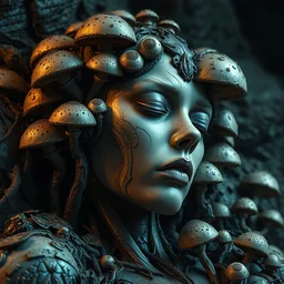 a bio - mechanical sleeping giant woman with mushrooms as camouflage highly detailed, cinematic, perfect face, cyberpunk, fine details, studio lighting, subtle shadows, art by katsuya terada and hieronymus bosch, photo - realism, hyper realism, octane render