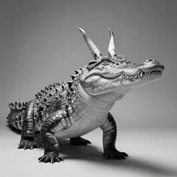 rare classified photo, black & white, studio lighting, a standing fish crocodile, horns, real fur, real skin