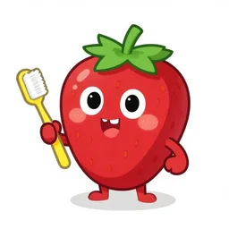 a cute strawberry with two front teeth, holding a yellow toothbrush, in the style of carl barks