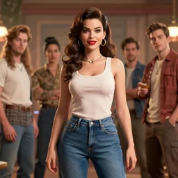 a beautiful bombshell brunette pinup model wearing jeans and tanktop in 5 0 s gauche by coby whitmore, nikolay makovsky, and charlie bowater. octane render 4 k cinematic