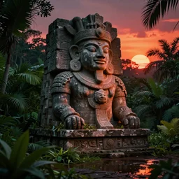 mayan god statue in stone, surrounded by lush green vegetation, ground - level view, puddles of water, stunning volumetric lighting, sunset, trending on artstation, 8 k, photorealistic, hyper detailed, unreal engine 5, cinematic, epic lighting, cryengine, octane render, cyberpunk, red and orange glow, dark, gloomy