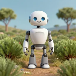 a very happy robot in shrubland garigue, matte painting, concept art, 4 k