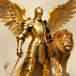 knight in golden shiny armor with wings and a lion art by Daniel Dociu detailed