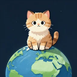 A cartoon illustration of a fuzzy picky face kitten sitting on the top of planet earth, digital art, in the style of Norman Rockwell