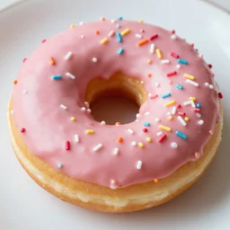 a close up photo of a delicious looking pink frosted donut with sprinkles on a plate, high quality, hd, food photography