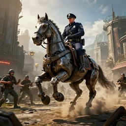 police riding a mechanical horse  through an orwellian town, troops searching the area, furious action scene, an epic fantasy, dramatic lighting, cinematic, establishing shot, extremely high detail, photorealistic, cinematic lighting, artstation, octane render, by Christopher Nolan, horizon forbidden west