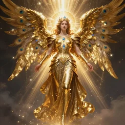 beautiful full body archangel Gabriel with peacock feathers ,golden armor, shining light, gems, god rays by Karol Bak, Ayami Kojima, Amano