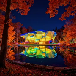 architecture by robert venturi, reclaimed by nature universe infrared nature dramatic lighting uv light thermal imaging retrowave myst nightvision lake, archdaily, wallpaper, highly detailed, trending on artstation.
