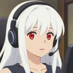 white long hair red eyed young cute girl wearing a headset in a room interior, closeup, very very anime!!!, fine - face, fine details, art by makoto shinkai takashi takeuchi studio ghibli, yoh yoshinari, anime cel shaded