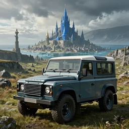 Land Rover Defender 110 (1985), The Elder Scrolls V: Skyrim, Solitude seen in the distance, Blue Palace is seen in the distance, Haafingar Hold, an epic fantasy, the sea seen behind the city, dramatic lighting, cinematic, establishing shot, extremely high detail, photorealistic, cinematic lighting, artstation, by simon stalenhag