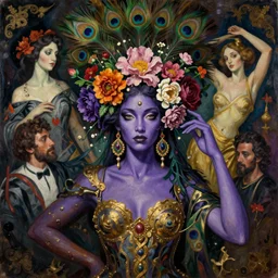dynamic composition, a painting of a purple skinned woman with hair of flowers and peacock plummage wearing ornate earrings, a surrealist painting by tom bagshaw and jacek yerga and tamara de lempicka and jesse king, featured on cgsociety, pop surrealism, surrealist, dramatic lighting, wiccan, pre - raphaelite, ornate gilded details