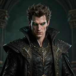 portrait of the evil wizard King a stunning timeless handsome, piercing green eyes. Youthful face. royal gothic coat with a lot of leather, incredibly intricate, digital art, blender, houdini & photoshop, very elegant & complex, hyper-maximalist, overdetailed, epic cinematic quality, DSLR HDR 8k, facial feature symmetry. Male character. Lean and muscular. Trending on Artstation. By Bastien Lecouffe-Deharme. Greg Rutkowski