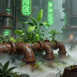 plants growing out of old rusty pipes in a futuristic city, green neon signs, ground covered in mist, detailed steampunk illustration
