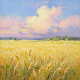 A beautiful oil painting wheat field, ethereal colorful sky, by thomas kinkade, makoto shinkai, trending on artstation,