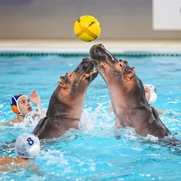 hippopotamuses playing water polo against people. sports photograph.