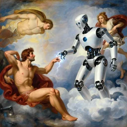 modern mechanical robotic cyber robot on the clouds is touching an athletic human man with lightning fingers, classical religious painting, inspired by the creation of adam painting, by michelangelo, concept art, fritz lang, stanley kubrick, annie liebovitz