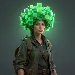 fantasy portrait of a female traveler with a halo of green cubes, concept art, sci - fi, octane render, greg rutkowski, beeple, wlop, artstation, dan mumford
