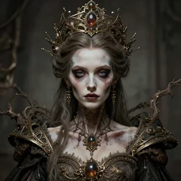 a beautiful detailed front view portrait of a dead rotten princess with cyberpunk ornate growing around, ornamentation, elegant, beautifully soft and dramatic lit, by wayne barlowe, peter mohrbacher, kelly mckernan