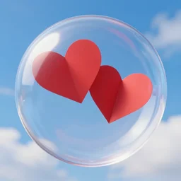 two red paper hearts inside a clear glass spherical bubble. blue sky with clouds background. beautiful, highly detailed, elegant, artstation, concept art, smooth and sharp focus, illustration