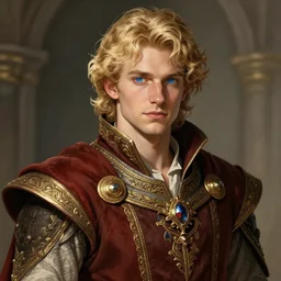 portrait, 27 years old man, blue eyes, blond curls, charming, handsome :: rich expensive medieval clothes :: high detail, digital art, fantasy, RPG, concept art, illustration